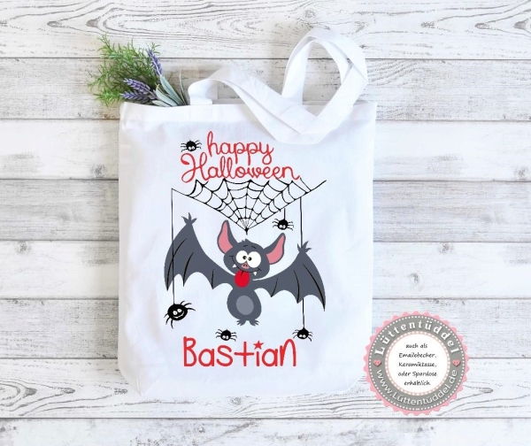 Tasche Halloween Beutel für Süßigkeiten freche Fledermaus Wunschname Süßes oder Saures, Kindergarten, Ausflug, von Lüttentüddel